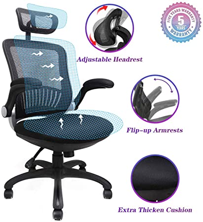 High Back Mesh Office Chair, Komene Ergonomic Desk Chair with Lumbar Support, Adjustable Breathable Backrest, Headrest, Flip Up Arms and Seat Height Computer Task Chair for Conference Room… (Black)