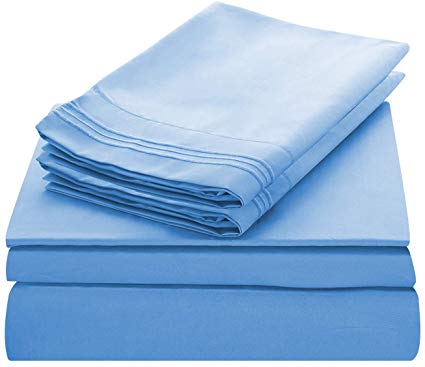 Lux Decor Collection Bed Sheet Set - Brushed Microfiber 1800 Bedding - Wrinkle, Stain and Fade Resistant - Hypoallergenic - 4 Piece (Full, Embroidery Blue)