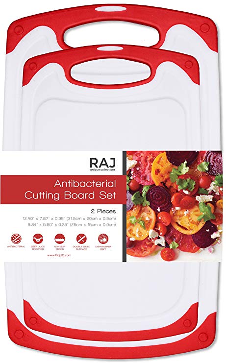 Raj Plastic Cutting Board Reversible Cutting board, Dishwasher Safe, Chopping Boards, Juice Groove, Large Handle, Non-Slip, BPA Free, FDA Approved (2 Piece Set, White/Red)