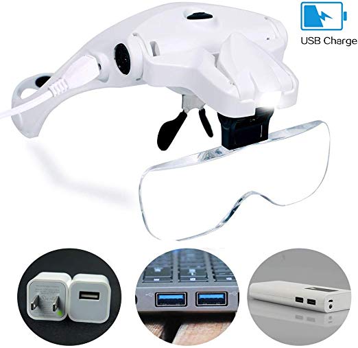 Dandelion Headband Magnifier Hands Free USB Charging 2 LED Light Head Mount Magnifying Eyeglasses for Crafts,Reading,Repair,Jewelry, Interchangeable 5 Lens 1.0X1.5X 2.0X 2.5X 3.5X(Upgraded Version)