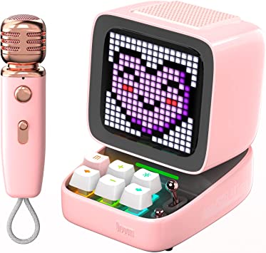 Divoom Ditoo-Mic Bluetooth Speaker with Karaoke Microphone - RGB Keyboard and Pixel Display Desktop Decor, Different Sound Modes, Ideal Gifts for Home Party, Mobile KTV (Pink)