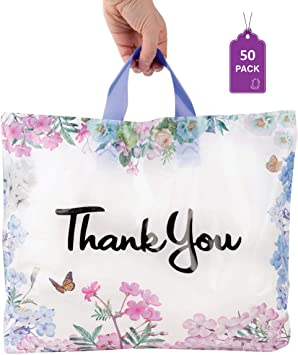 Floral Thank You Plastic Bags 50 Pack 12" x 15" with Soft Loop Handle Thank You Shopping Bags