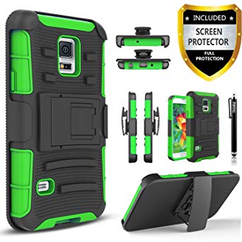 Galaxy S5 Case, Dual Layers [Combo Holster] Phone Cover And Built-In Kickstand Bundled with [HD Screen Protector] Hybird Shockproof And Circlemalls Stylus Pen For Samsung Galaxy S5 [Green]