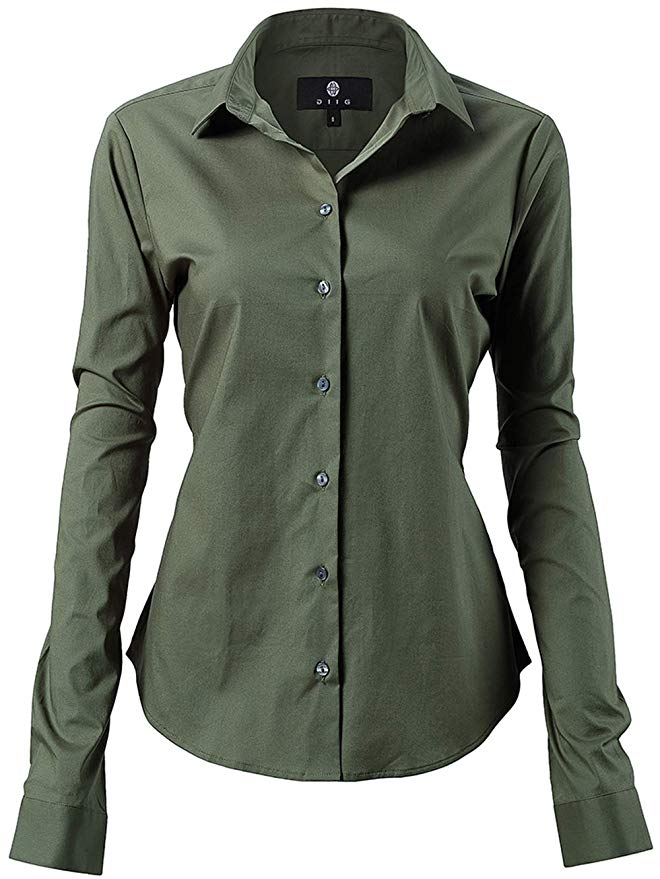 Harrms Womens Basic Long Sleeve Slim Fit Casual Button Up Shirt Stretch Formal Shirts