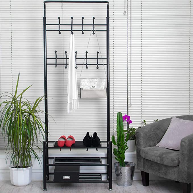 Home Treats Tall Entryway Coat Stand With 3 Tier Shoe Rack, Black Metal Multi-purpose Clothing Hooks For Hallway. Home Furniture And Storage organizer