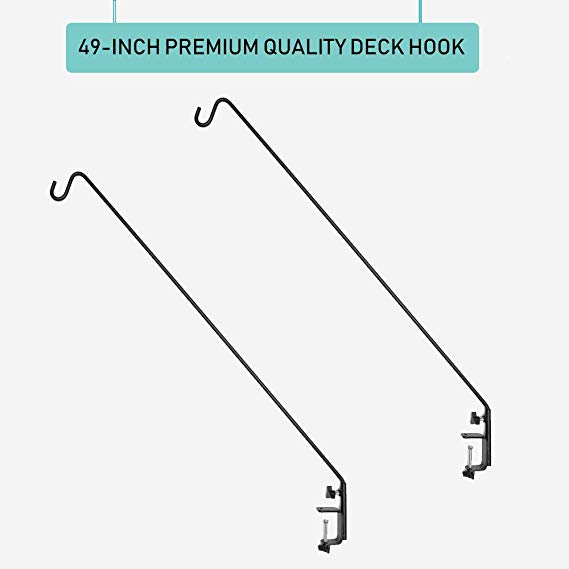 Ashman Heavy Duty Deck Hook (2 Pack) - 37 Inch Double Forged Metal Pole & Non-Slip Clamp, 360 Degree Swivel, Ideal for Bird Feeders, Planters, Suet Baskets, Lanterns, Wind Chimes