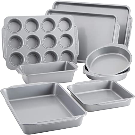 Farberware 47765 Includes Nonstick Cookie Sheets/Baking Cake Muffin and Bread Pan, 8 Piece, Gray