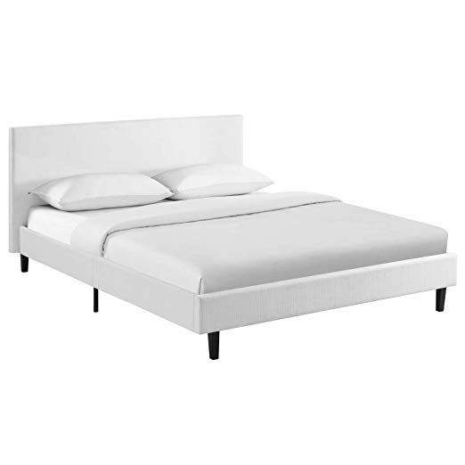 Modway MOD-5420-WHI Anya Upholstered Platform Bed with Wood Slat Support, Queen, White