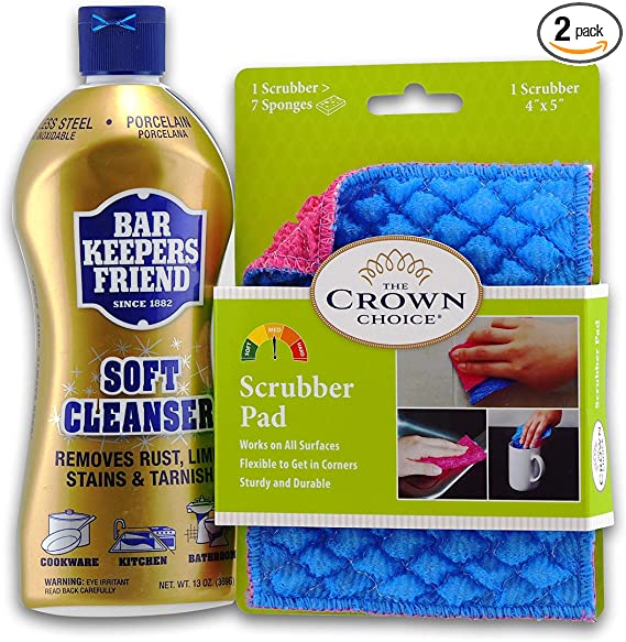 Best Nonstick Pan Cleaner Set - Works for Cleaning Teflon, Non Stick Pots Pans - The Crown Choice Scrubber Pad and Bar Keepers Friend Soft Cleanser 13oz - NonStick Pan Scrubbing Pad
