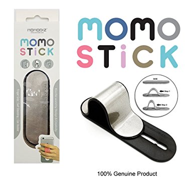 [Shiny Silver with Black] New MOMOSTICK: Stand and Finger Grip for Any Smartphones (iPhone & Android) with Reusable Sticky Gel Pad