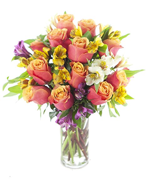KaBloom Fall Collection: Autumn Sunshine Rose & Alstroemeria Bouquet of 12 Orange Roses, 4 Yellow Alstroemeria, 2 White Alstroemeria and 2 Purple Alstroemeria with Vase