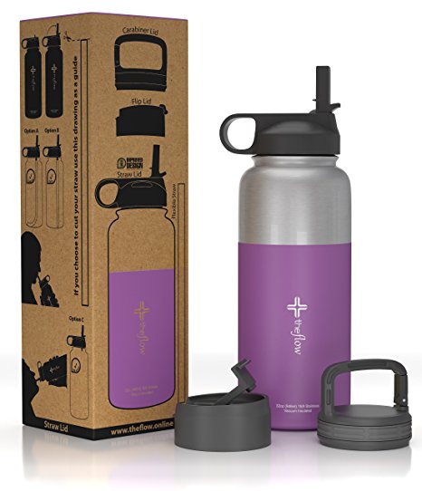 the flow Stainless Steel Water Bottle Double Walled/Vacuum Insulated - BPA/Toxin Free – Wide Mouth with Straw Lid, Carabiner Lid and Flip Lid, 32 oz.(1 Liter)