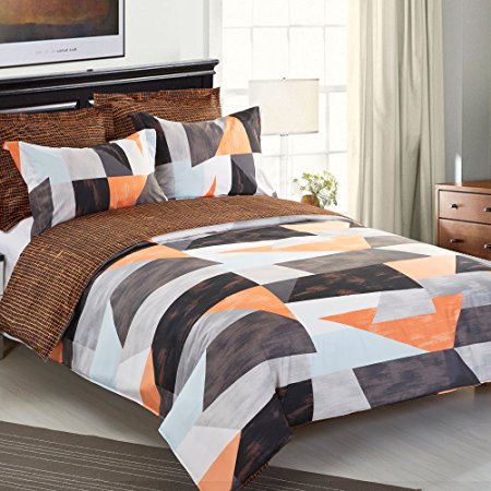 NTBAY 5 Pieces Reversible Fashionable and Simple Geometric Pattern Printed Microfiber Duvet Cover Set with Hidden Zipper, Soft & Breathable (Queen,Brown)