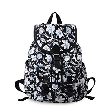 DGY Black Canvas Floral Printed Backpack 3 Pieces School Rucksack for Teen Girls (Flower 1 Pc)