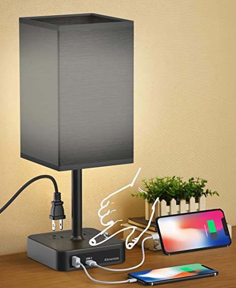 Alimentata Touch Control Bedside Table Lamp with USB C & USB A Charging Port and 2 AC Outlet, Minimalist LED Desk Night Light with Charger Base Black Fabric Shade for Bedroom/Nightstand/Office