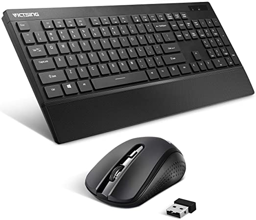 VicTsing Wireless Keyboard and Mouse Combo[Fatigue Reliever], 2.4G Full Size Keyboard with Palm Rest, DPI Adjustable Cordless Mouse, USB Unifying Receiver,Black