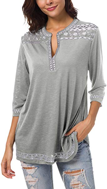 Women's 3/4 Sleeve Boho Shirts Embroidered Peasant Top