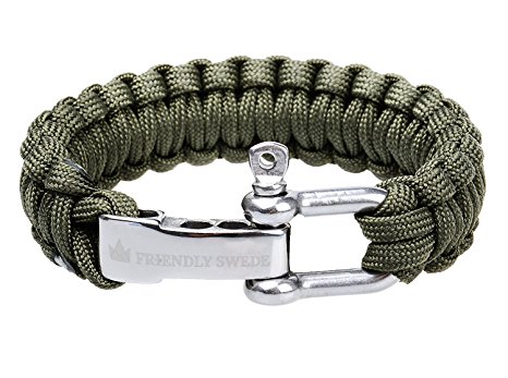 The Friendly Swede Paracord Survival Bracelet with Stainless Steel D Shackle - Adjustable Size Fits 7”-8” (18-20 cm) Wrists