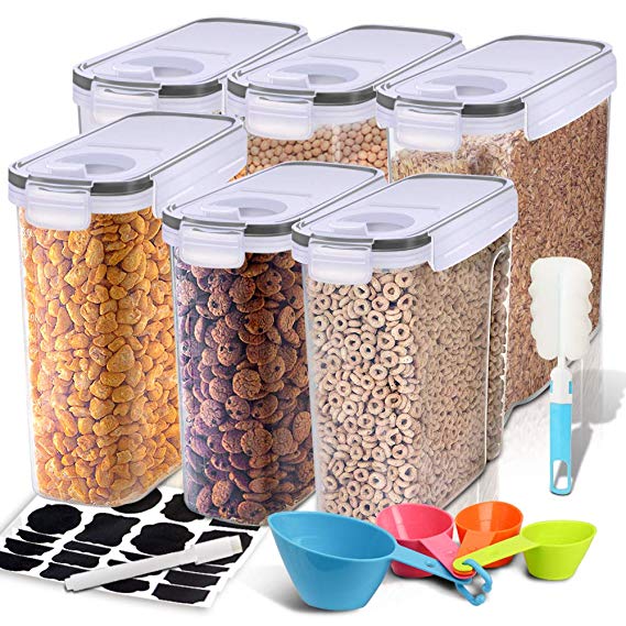 Cereal Container, EAGMAK Airtight Dry Food Storage Containers, BPA Free Large Kitchen Pantry Storage Container for Flour, Snacks, Nuts & More (Black, Set of 6)