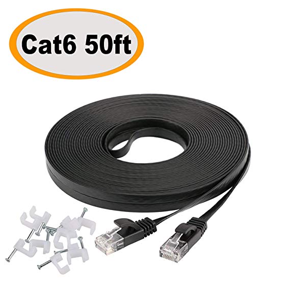 Jadaol Cat 6 Ethernet Cable 50 ft Black - Faster than Cat5e/Cat5 Flat Internet Network Lan patch cord – Cat6 Computer RJ45 wires for Router, Modem