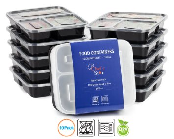 Chefs Star 3 Compartment Reusable Food Storage Containers with Lids - Microwave Safe - Dishwasher Safe - Bento Lunch Box - Stackable - 10 Pack