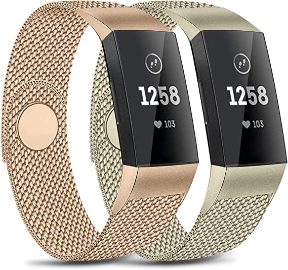 Pack 2 Metal Loop Bands Compatible with Fitbit Charge 4 / Charge 3 / Charge 3 SE Bands, Stainless Steel Magnetic Replacement Metal Band (Rose Gold   Champagne Gold, Small)