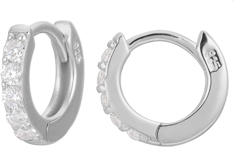 18K Gold Plated Sterling Silver Huggie Hoop Earrings for Women in Three Sizes| Cubic Zirconia Line Mini Hoops | Cuff Earrings Huggie