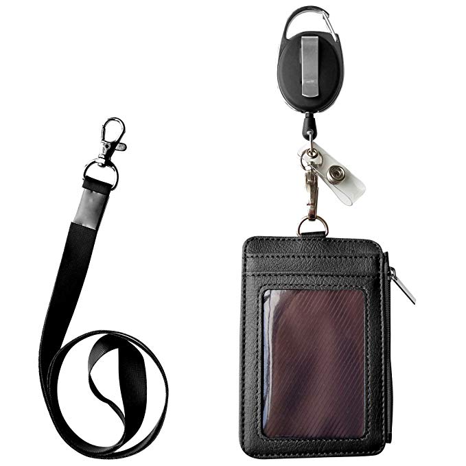 ID Card Holder with Zipper, Wallet with 5 Card Slots, Lanyard/Strap and Retractable Reel Carabiner (Black)