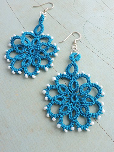 Ocean Teal Lace Flower Earrings with White Glass Bead Detail and Silver Plated Earwires