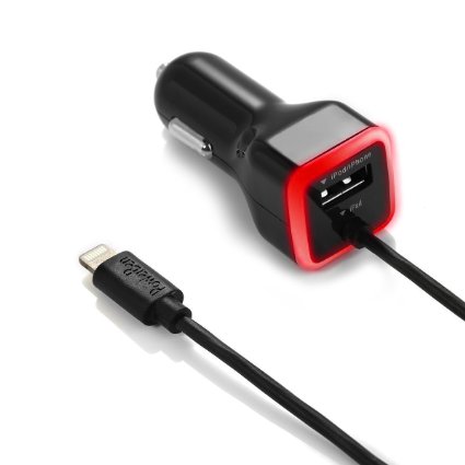 [Apple MFi Certified] 3.1 Amp Lightning iPhone Car Charger with 3ft Lightning Cable for iPhone 6 / 6 Plus / 5s / 5, iPad Air 2 and more (Black with Red LED)