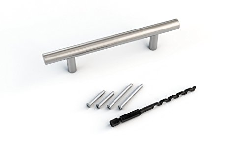 Stainless Steel Satin Nickel finish Bar Handle Pulls for Cabinets. 6" long, holes spacing 3 3/4". Template and additional longer screws included (25 pack) and Drill Bit
