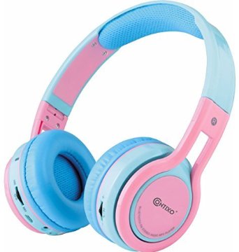 Contixo Kid Safe 85db Over the Ear Foldable Wireless Bluetooth Headphone w Volume Limiter Built-in Micro Phone Micro SD card Music Player FM Stereo Radio Audio Input and Output BluePink