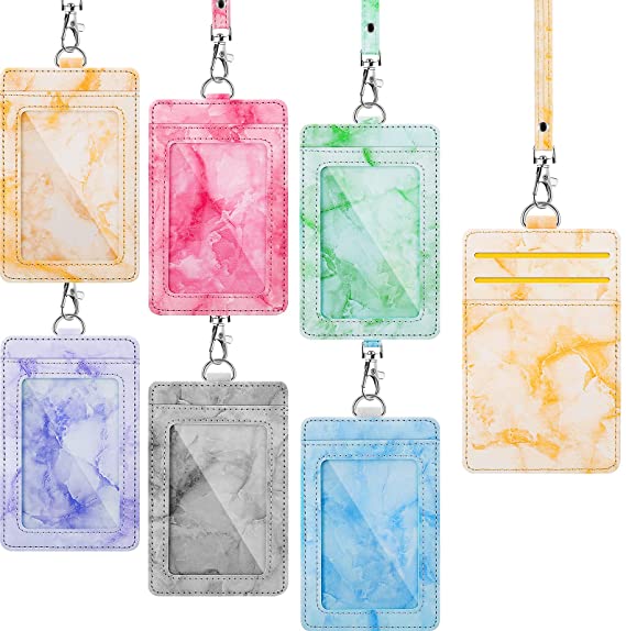 6 Pieces Marble Pattern Badge Holder Card Holder with Neck Lanyard Wallet Case Card Pouch for Women and Men ID Badge Holder PU Leather for Badge Credit Cards College ID Cards (Fresh Color)