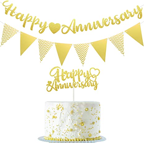 Happy Anniversary Glitter Banner Happy Anniversary Cake Topper Triangle Banner Heart Bunting Decorations for Wedding Anniversary Birthday Party Supplies (Gold)