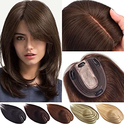 JGS1996 Hair Toppers for Women Real Human Hair Extension 100% Remy Hair Pieces No Bangs 150% Density Silk Base Clip in Topper Hair for Women with Thinning Hair 10.5cm * 12.5 cm 10 Inch - Medium Brown