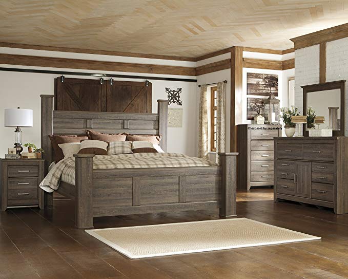 FurnitureMaxx Juararoy Casual Dark Brown Color Replicated Rough-Sawn Oak Bed Room Set, King Poster Bed, Dresser, Mirror, Nightstand