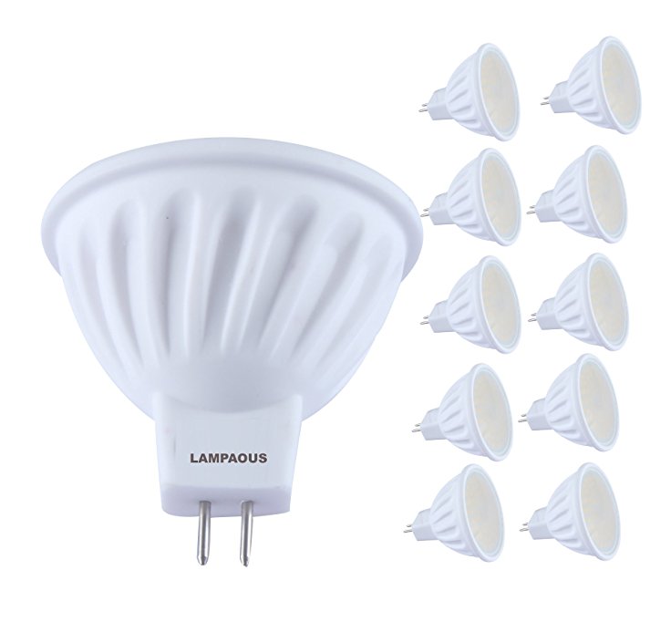 LAMPAOUS 5 Watt MR16 LED Bulb Lights, Warm White 3000K, 500 Lumens 50 Watt Haolgen Bulb Equivalent, 12VDC input Non Dimmable, 120 Degrees Beam Angle Pack of 10