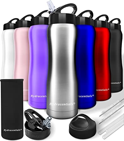Hydracentials Stainless Steel Water Bottle with Straw Lid Triple Vacuum Insulated Steel Metal Thermos Bottles | Reusable Leak Proof BPA-Free Flask for Gym, Travel, Sports