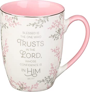 Christian Art Gifts Encouraging Scripture Ceramic Mug for Women: Blessed is the One Who Trusts in the Lord - Jeremiah 17:7 Inspirational Bible Verse Novelty Hot & Cold Beverage, White and Pink 12 oz.