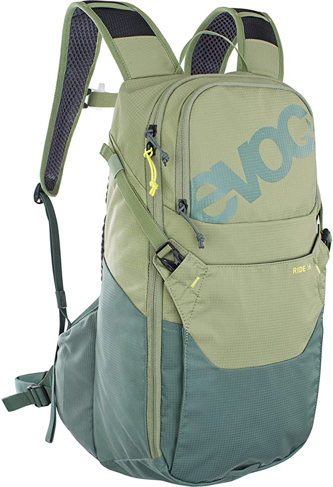 Evoc Ride 16 Backpack - Hydration Backpack for Biking, Hiking, Climbing, Running - 16L Capacity Holds Up to 3L Hydration Bladder with Helmet Transport, Light Olive - Olive