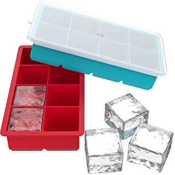 Vremi Large Silicone Ice Cube Trays (2 Pack) - Ideal for Whiskey, Cocktails, Soups, Baby Food and Frozen Treats - Flexible and BPA Free, Produces 8 Cubes per Tray - Includes Covers for Easy Stacking