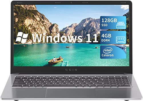 SGIN Laptop 15.6 Inch Laptops 4GB RAM 128GB ROM SSD Windows 11 Laptops with Intel UHD Graphics 600, 2.8Ghz Intel Celeron N4020C, Mini HDMI, WiFi, Webcam, USB3.0, Bluetooth 4.2