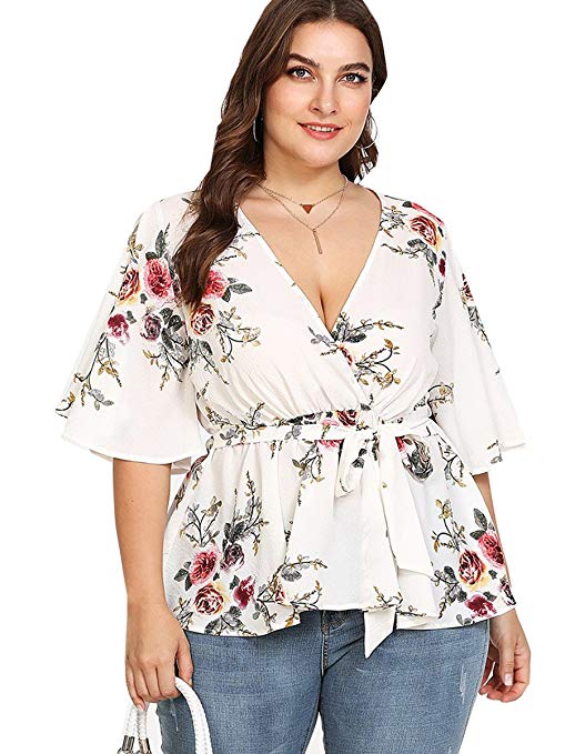 Romwe Women's Plus Size Floral Print Short Sleeve Belt Tie Peplum Wrap Blouse Top Shirts