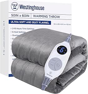 Westinghouse Electric Blanket Heated Throw, Super Cozy Soft Flannel 50" x 60" Heated Throw with 6 Fast Heating Levels & 2-10 Auto-Off, Machine Washable, ETL&FCC Certification, Light Grey