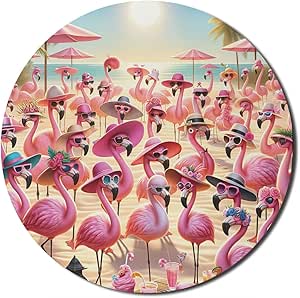 Ambesonne Flamingo Mouse Pad for Computers, Summer Beach with Tropical Birds with Sunny Hats and Sunglasses, Round Non-Slip Thick Rubber Modern Gaming Mousepad, 8" Round, Pink Beige and Pale Sky Blue