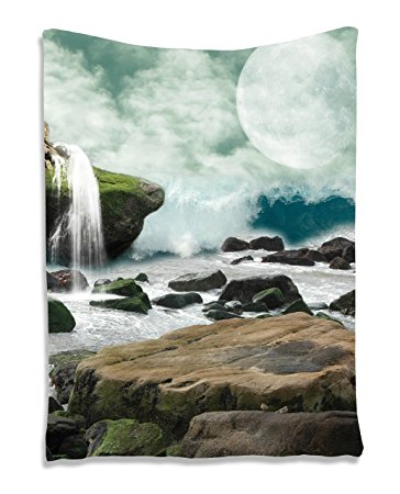 Nature Tapestry Waterfall and Full Moon Tapestry Wall Hanging Wall 60 x 80 inches Living Room / Bedroom / Dorm Decor - One of a Kind - Machine Washable, Green White Teal Brown