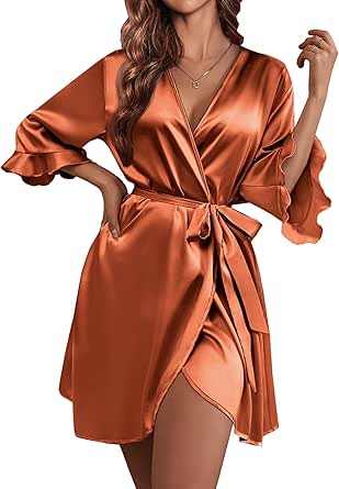 Ekouaer Women's Satin Robe Valentines Lingerie for Women Kimono Bathrobe 3/4 Sleeve Ruffle Belted Robes Bridesmaids