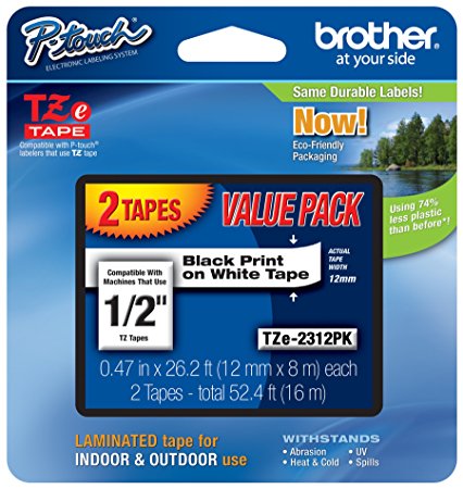 Brother TZE2312PK 1/2-inch Standard Laminated P-Touch Tape, Black on White, 26.2 Feet (2-Pack)