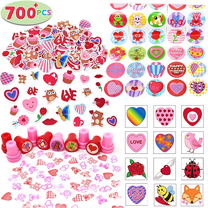 700  Pcs Happy Valentine’s Day Party Favor Supplies Craft Set (Foam Stickers, Temporary Tattoos, Stampers & Stickers) Perfect for Decorations, Photo Props, Wedding, School Classroom Prizes, Art Craft.