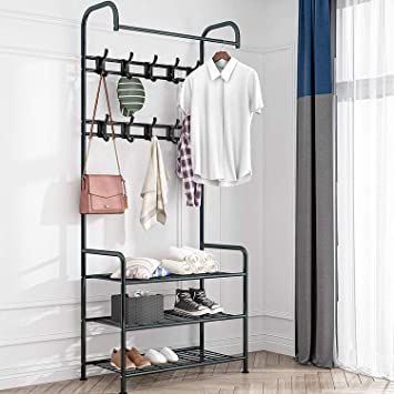 Industrial Entryway Coat Rack,Metal Hall Tree Coat Hat Rack with 3-Tier Shoe Rack,Free Standing Clothes Stand and 3-in-1 Hall Tree with Metal Frame for Storage Shoes,Clothes (Black)